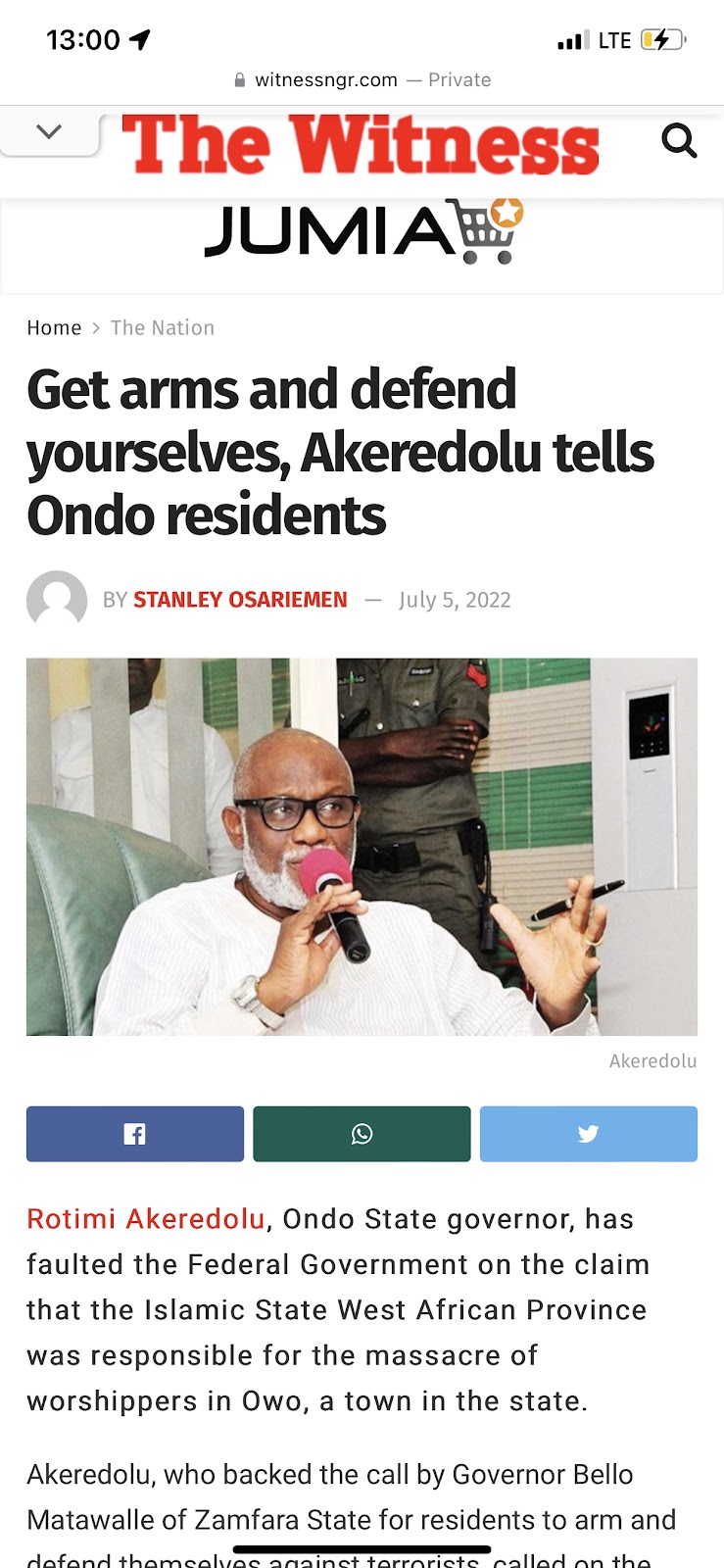 Rotimi Akeredolu didn't tell ondo residents to carry arms